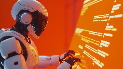 A sleek humanoid robot interacts with a glowing digital screen, writing code in a high-tech environment. The scene embodies artificial intelligence and futuristic programming. AI generated.