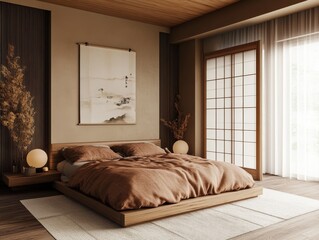 Calming bedroom features japanese inspired design and neutral color palette