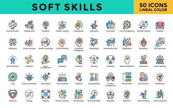 Soft skills icon set with communication, collaboration, creativity, problem solving, adaptability, leadership, teamwork, time management, decision making, empathy icon. Simple lineal color vector 

