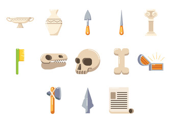 Set of Isolated archeology, history and paleontology in flat icon vector illustration