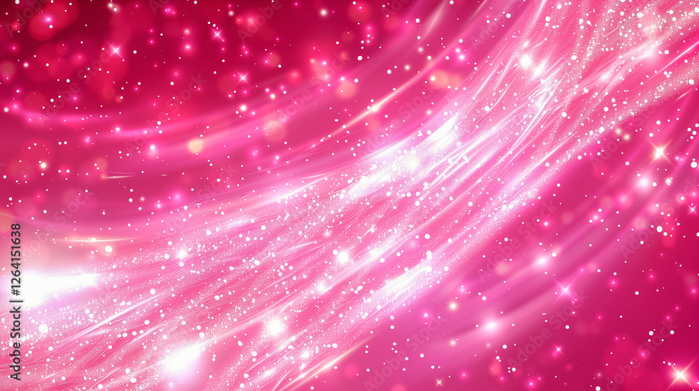 Poster glowing pink cosmic waves with sparkling particles..