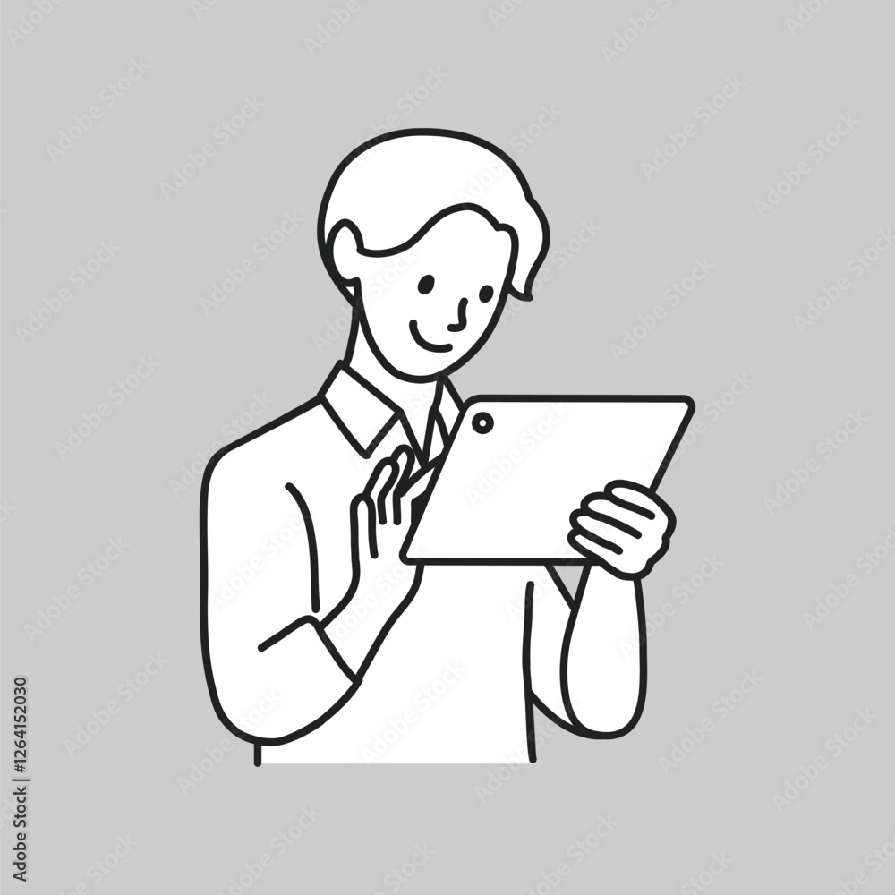 Poster man using digital tablet line art vector