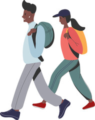 png couple  travelers.  Character person  tourist. Local walk tourism. Tourism within the country. Traveling close to home.Rucking active walking. adventure and active lifestyle concept