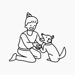 Boy playing with puppy doodle collage element vector