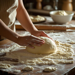 This high-quality food photography captures the art of bread making, featuring hands kneading soft dough on a lightly floured wooden surface. The warm, 