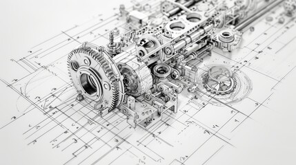 A conceptual technical blueprint of an advanced mechanical system with detailed engineering components and gears, showcasing precision design and innovation. AI generated.