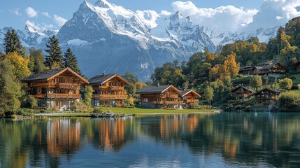 Fototapeta premium Scenic view of wooden chalets by a tranquil lake with majestic mountains in the background
