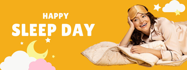 World Sleep Day, happy woman in pajamas lies on a blanket on an yellow background, with text
