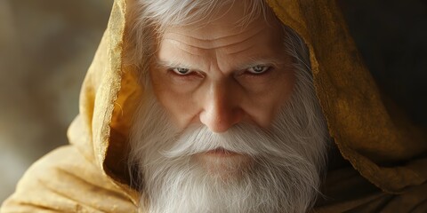 Elderly man's wise gaze, framed by snowy hair and a flowing white beard; clad in a shimmering golden-yellow hooded robe, partially veiled by its hood