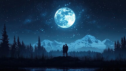Fototapeta premium Silhouetted couple gazing at a luminous full moon over majestic mountains at night