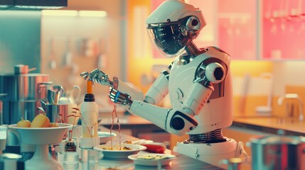 A highly advanced humanoid robot prepares a pasta dish in a sleek, modern kitchen. The setting blends technology and culinary arts, emphasizing AI-driven automation. AI generated.