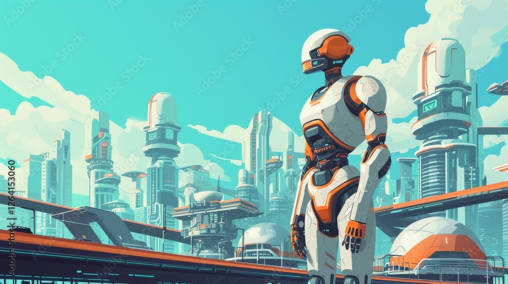 Poster a futuristic humanoid robot stands in a high-tech sci-fi cityscape, surrounded by sleek architecture
