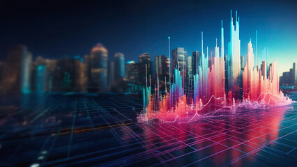 Colorful financial chart with big city skyline in the background, finances concept
