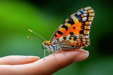 Obraz premium A vibrant butterfly perched delicately on a fingertip in nature.