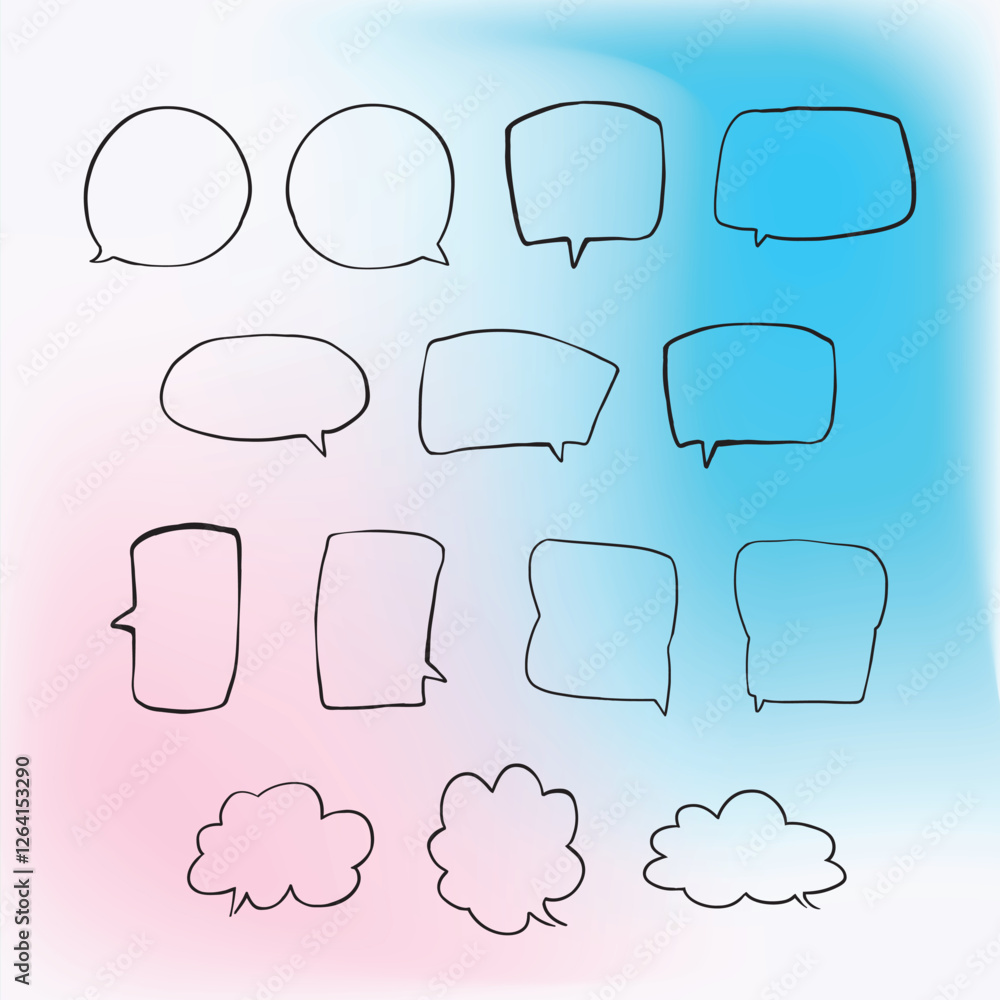 Poster set of simple lines hand drawn speech bubbles in various shapes gradient background. set of simple o