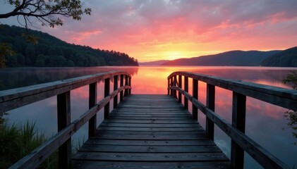 Obraz premium Old wooden bridge over a serene lake at sunset, water reflections, rustic charm