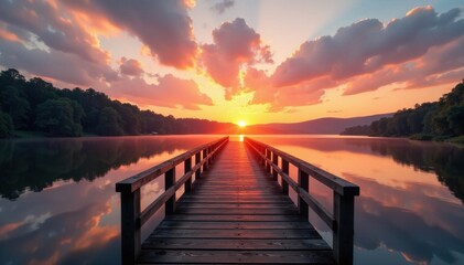 Fototapeta premium Old wooden bridge over a serene lake at sunset, rustic charm, serene atmosphere, lake