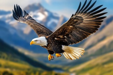 Fototapeta premium Majestic eagle soaring over a scenic mountain landscape.