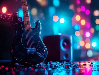 Fototapeta premium A vibrant scene featuring a black electric guitar surrounded by multicolored lights, capturing the essence of music and celebration in an intimate setting.
