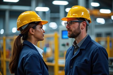 Two Construction Workers in Safety Helmets Engaged in Conversation Inside a Modern Industrial Facility, Highlighting Workplace Dynamics and Collaboration