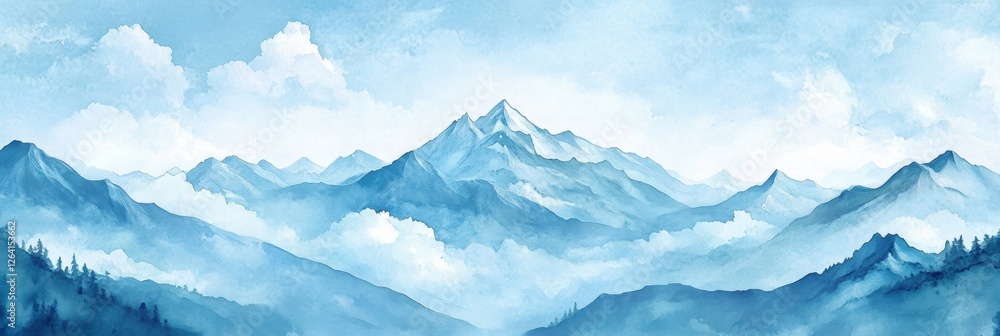 Poster stunning blue mountain landscape with soft clouds and misty atmosphere during daytime. generative ai
