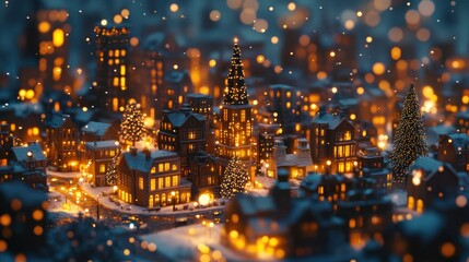 Snow covered village glows with the warm light of Christmas