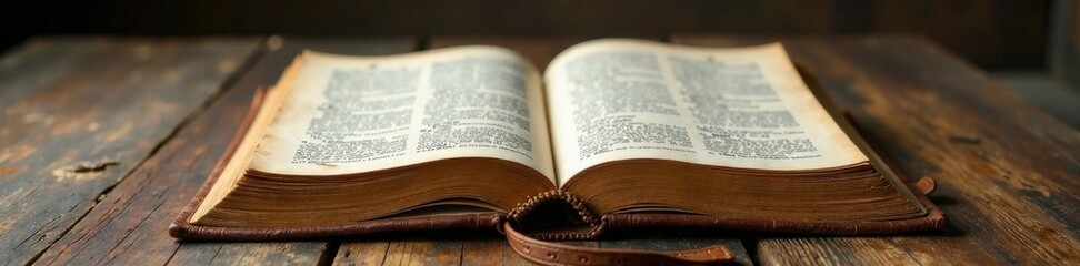 Obraz premium Old wooden table with worn leather book lying open, desk, leather binding, old book