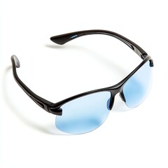 Stylish black sunglasses with blue lenses placed on a white background, ideal for summer fashion or outdoor activities.