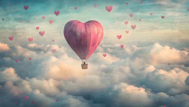 Pink Heart Hot Air Balloon Clouds Love Sky