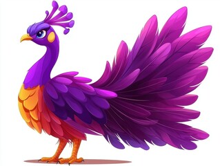 Fototapeta premium A vibrant, stylized peacock with a stunning array of purple and orange feathers stands elegantly, showcasing its colorful plumage.