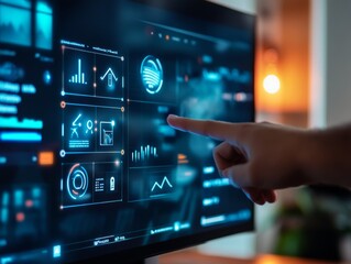 Fototapeta premium close up of finger touch Smart Home technology Panel in Home - ai