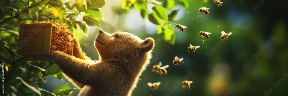 Poster playful bear interacts with bees while gathering honey in a lush forest setting during daytime. gene