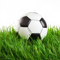 Soccer ball on grass lawn. Outdoor activity.