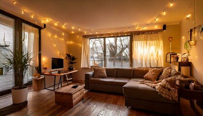 A small studio apartment living room with a cozy and cluttered aesthetic, string lights,