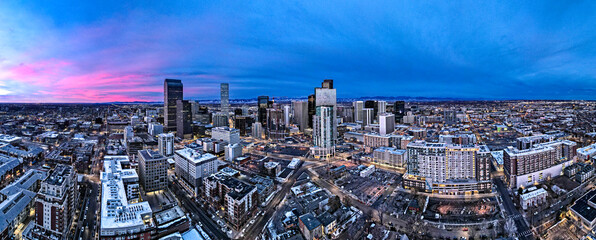 Aerial morning view of downtown Denver Colorado, wide panorama.