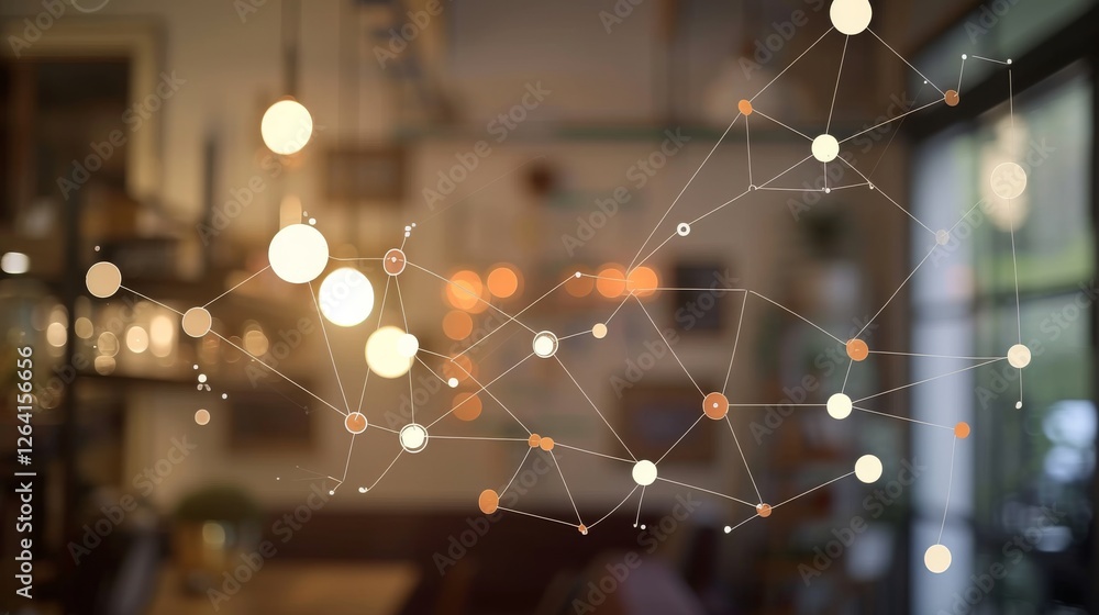Poster a digital visualization of network connections with glowing nodes and lines over a blurred cafe inte