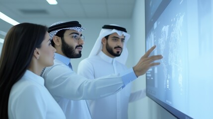 Global Collaboration: A diverse team of professionals analyzes data on a large interactive screen, showcasing modern technology and international teamwork in a bright, contemporary office setting. 