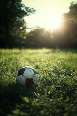 Obraz premium Soccer ball on grass lawn. Outdoor activity.