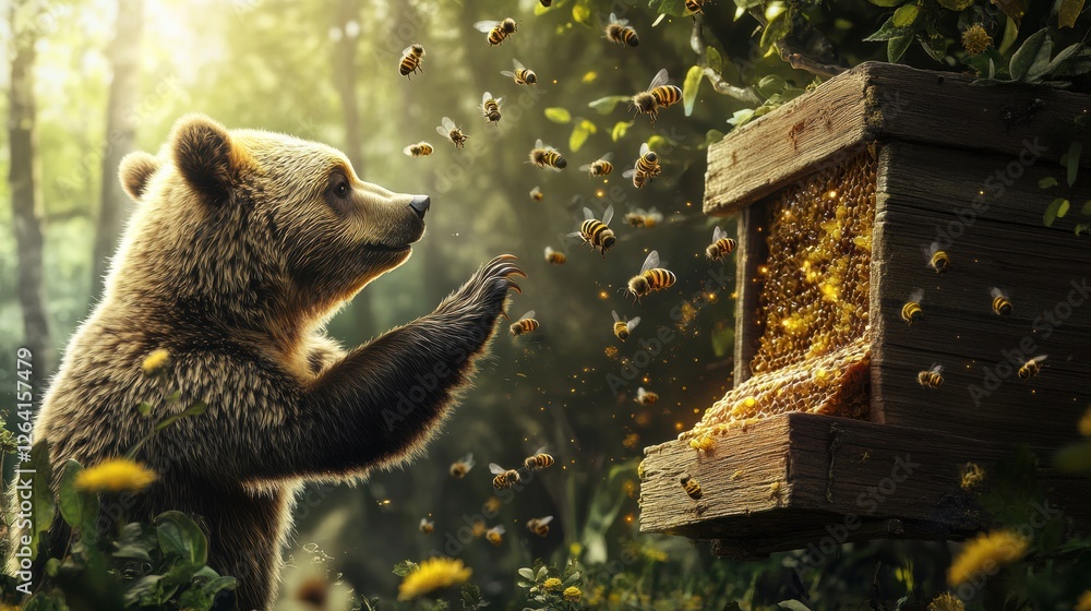 Aufkleber Curious bear observes buzzing bees near a beehive in a sunlit forest environment during springtime. Generative AI