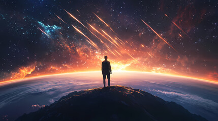 Obraz premium Astounding cosmic event meteor shower over earth digital imagery outer space perspective celestial wonder. Ethereal Meteor Showers. Illustration