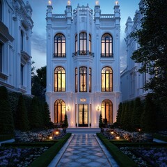 Fototapeta premium A stunning white mansion with intricate architecture, illuminated windows, and a beautifully landscaped garden, creating an elegant ambiance at dusk.