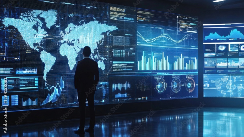 Poster businessman standing and looking at multiple interactive screens showing global and financial data, 