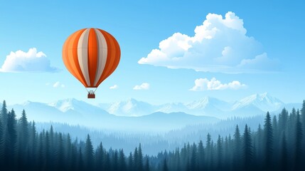Fototapeta premium Pixelated Hot Air Balloon Journey over Misty Mountains and Evergreen Forest a Retro Gaming Aesthetic and Nostalgic Adventure