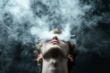 Obraz premium Man smoking with smoke around head on black background for wellness or stress use