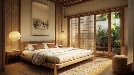 Fototapeta premium Zen inspired bedroom featuring warm lighting and natural elements