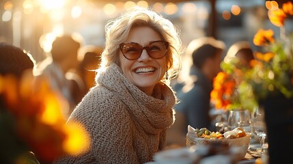 Happy Woman Smiling Outdoors in Golden Sunlight