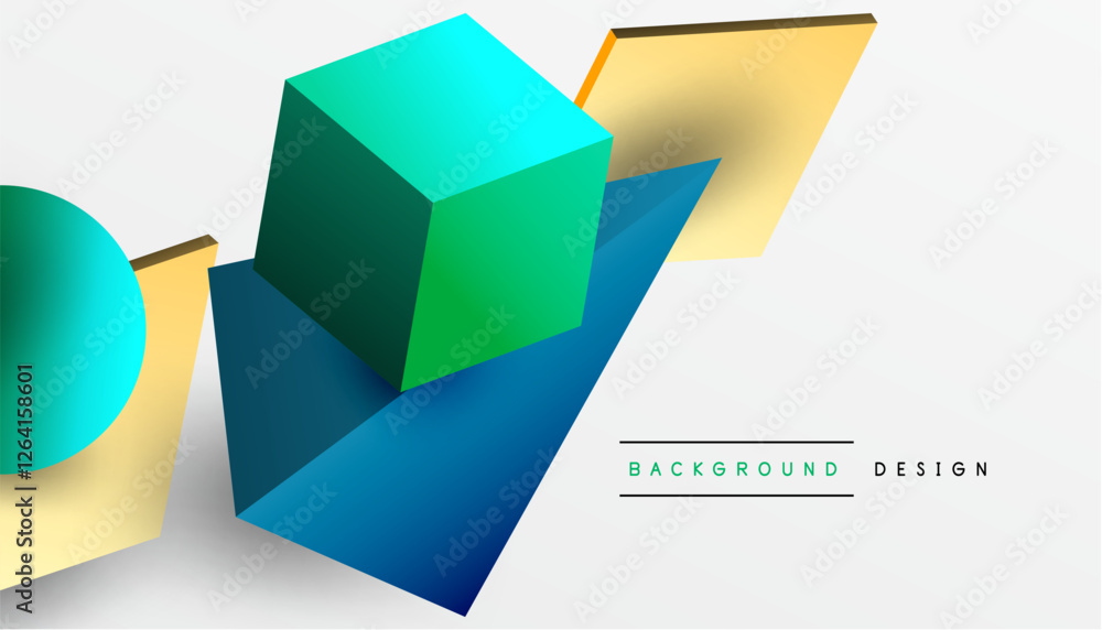 Poster Abstract design showcasing isometric cubes, pyramids, squares, and spheres in a vibrant 3D layout. Modern and dynamic, perfect for tech, design, or futuristic themes