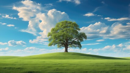 Fototapeta premium Panoramic View: Green Hills and Meadows Beneath Blue Skies and White Clouds (AI-Generated)