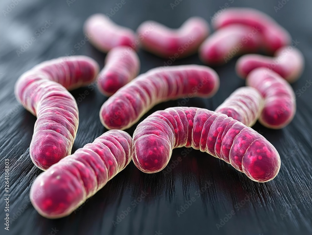 Poster close-up view of colorful bacteria-like microorganisms on a textured surface, highlighting their uni