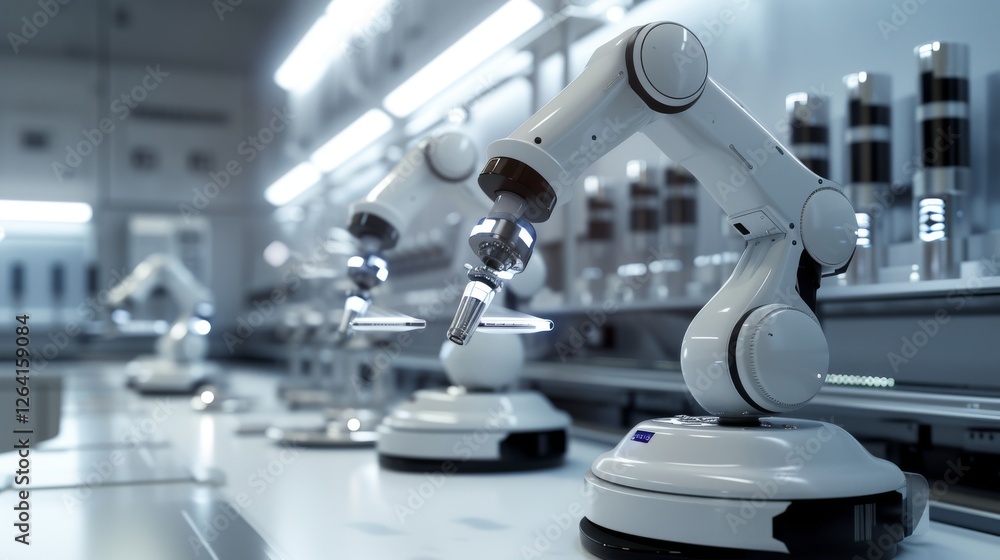 Poster close-up of sleek, white robotic arms operating in a high-tech automated manufacturing lab. the clea
